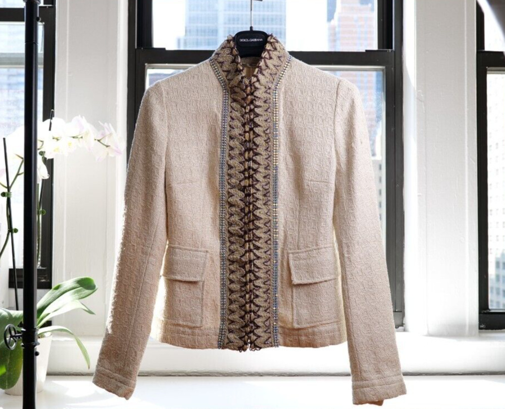 Dolce & Gabbana Vintage Beige Embroidered Woven Runway Silk Jacket